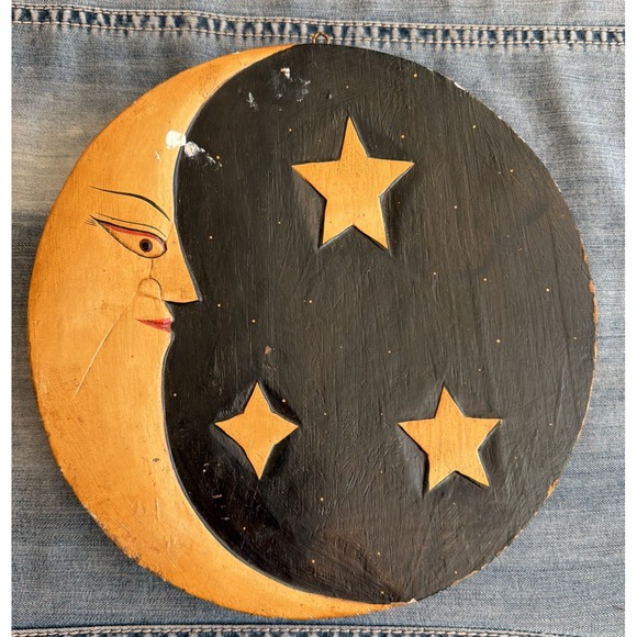 Crescent Celestial Moon Sun Stars Round VINTAGE Wood Decor 11" Y2K 90/s - Picture 2 of 4